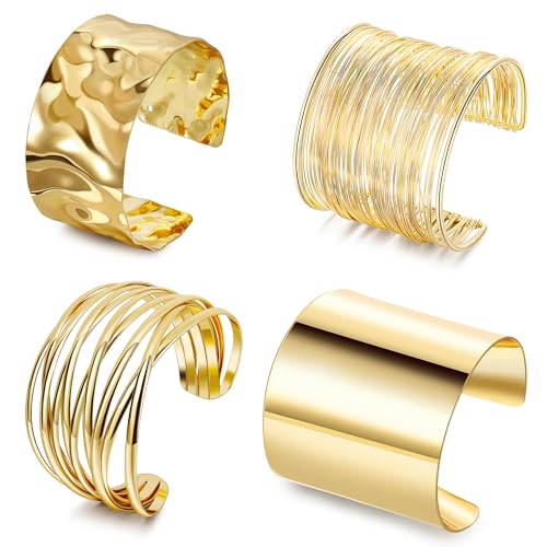 4Pcs Chunky Gold Cuff Bracelects for Women Gold Bangles Irregular Minimalist Statement Bangle Bracelets Set Open Wide Bangle Upper Arm Cuff Jewelry - color: Gold-B