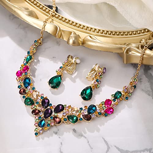 Wedding Statement Necklace Clip-on Earrings Jewelry Set | Sparkling Austrian Crystal Teardrop Cluster for Party Prom Accessories - color: 13-Multicolor Gold-Tone