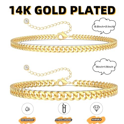 Ankle Bracelets for Women Waterproof 14K Gold/Silver Plated Chain Anklets | Trendy Gold Anklets,Layered 14K Gold Plated Stackable Chunky Cuban Link Chain Anklet Bracelet Set,Summer Beach Jewelry Gift - color: 2 cuban-gd