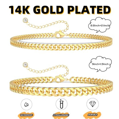 Ankle Bracelets for Women Waterproof 14K Gold/Silver Plated Chain Anklets | Trendy Gold Anklets,Layered 14K Gold Plated Stackable Chunky Cuban Link Chain Anklet Bracelet Set,Summer Beach Jewelry Gift - color: 2 cuban-gd