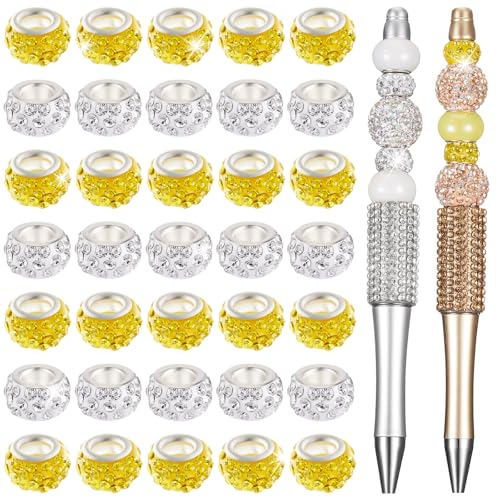 Junkin 120 Pcs Large Hole Beads 11 mm European Crystal Charm Spacer Rhinestone Colorful European Beads for Pens Making Bulk Beadable Pens Jewelry Making Supplies DIY Crafts Bracelet(Silver, Gold) - color: Silver, Gold