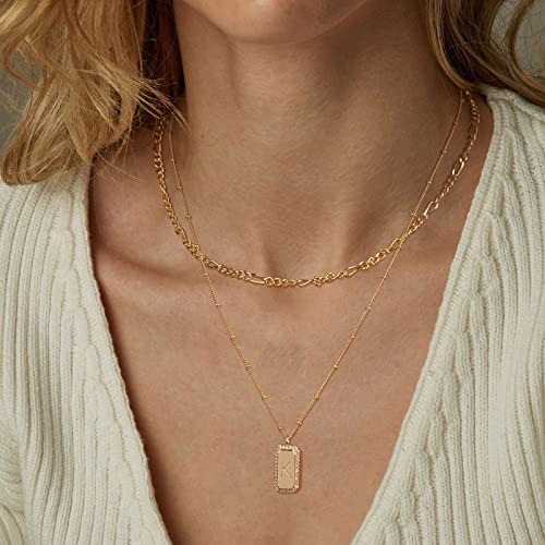 Gold Initial Necklace for Women 14K Gold Plated Figaro Chain Choker Layered Necklaces Set Bar Rectangle Pendant Necklaces Simple Dainty Letter Necklace Everyday Gold Jewelry - style: Letter K