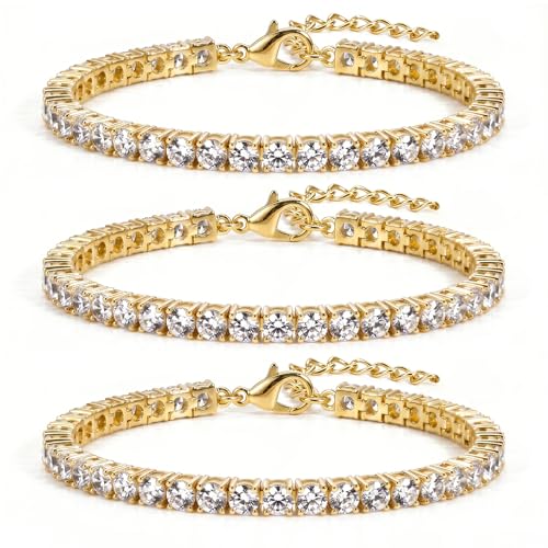 925 Sterling Silver Bracelets for Women Stack, Trendy Tennis Bangle Cuff Jewelry Set 14K Gold Plated, Adjustable Bracelet Set for Wrist Essentials, Women Fashion Watch Band Acecessories - style: Bracelet_3pcs(Gold Tennis Set 4mm)