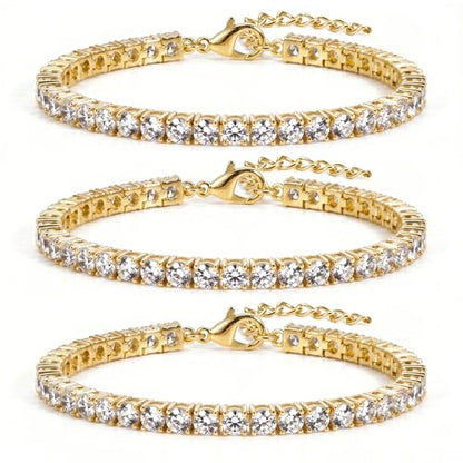 925 Sterling Silver Bracelets for Women Stack, Trendy Tennis Bangle Cuff Jewelry Set 14K Gold Plated, Adjustable Bracelet Set for Wrist Essentials, Women Fashion Watch Band Acecessories - style: Bracelet_3pcs(Gold Tennis Set 4mm)