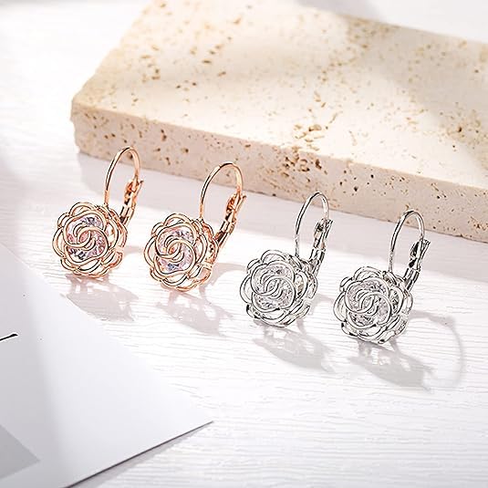 Women 18K Gold Plated White Crystal Roses Flower Set Necklace Earrings Bracelet for Women Wedding Party Bridal Bridesmaid Accessories - color: Silver