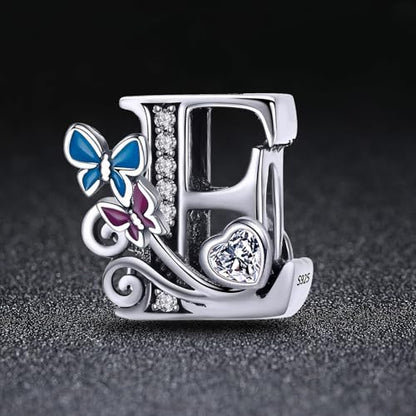 S925 Silver Butterfly Initial Letter Charms Fit for Pandora Charms Bracelets and Necklace Alphabet Bead Charms Jewelry Gifts for Women - color: E