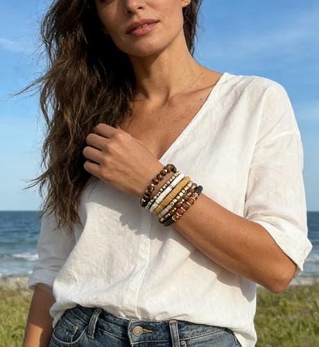 iF YOU 13pcs Boho Brown Gold Beaded Stretch Bracelets for Women, Heishi Clay Surfer Stackable Bracelet Stacks Summer Beach Jewelry - style: White & Brown Clay Bracelets