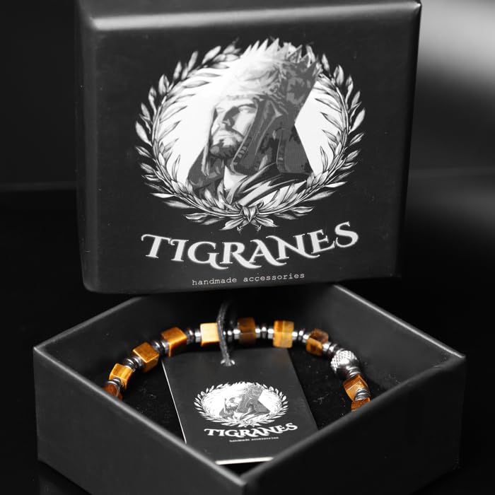 Tigranes Premium Natural Stone Bracelet Collection – Handmade Gemstone Jewelry in Luxury Branded Gift Box - style: Tiger Eye and Hematite