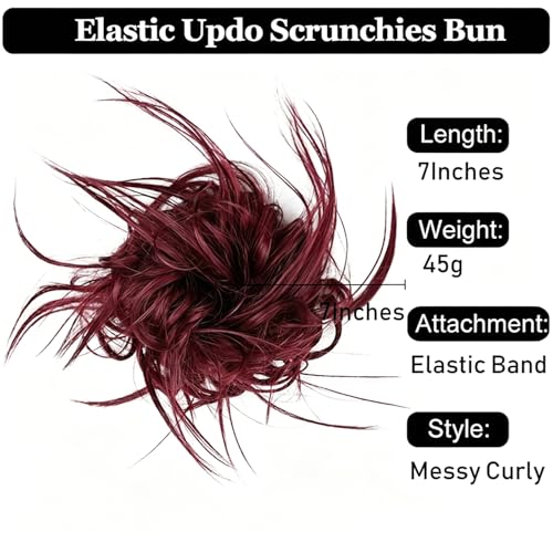HMD Tousled Updo Messy Bun Hair Piece for Women Curly Hair Bun | Synthetic Messy Hair Bun Scrunchies Tousled Updos Ponytail Hairpieces for Daily Wear - color: Dark Wine