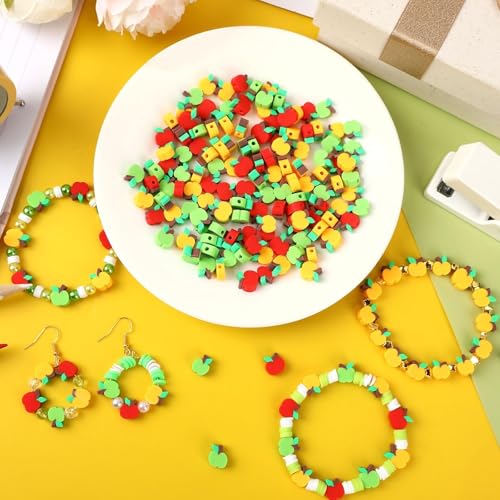 300Pcs Apple Shaped Clay Beads Back to School Jewelry Craft Kit | Polymer Clay,First Day of School Beads,Mini Apple Jewelry Making, DIY Bracelets Earring Bulk - color: Red Green Yellow