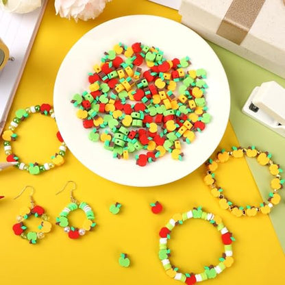 300Pcs Apple Shaped Clay Beads Back to School Jewelry Craft Kit | Polymer Clay,First Day of School Beads,Mini Apple Jewelry Making, DIY Bracelets Earring Bulk - color: Red Green Yellow
