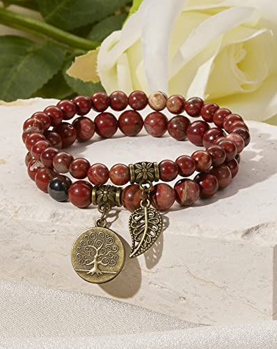 Bivei Natural Semi Precious Gemstone beads bracelet for women - Life Tree and Leaf Charm Energy Reiki Crystal Stretch Bracelets - color: Red Jasper Bracelet Set, size: Medium:6.8-7.24inch