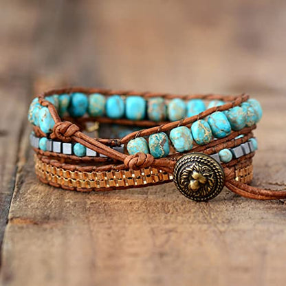 Women Wrap Bracelets Boho Natural Stone Jasper Turquoises Strand Bracelet Jewelry Collection - color: Gold Turquoise