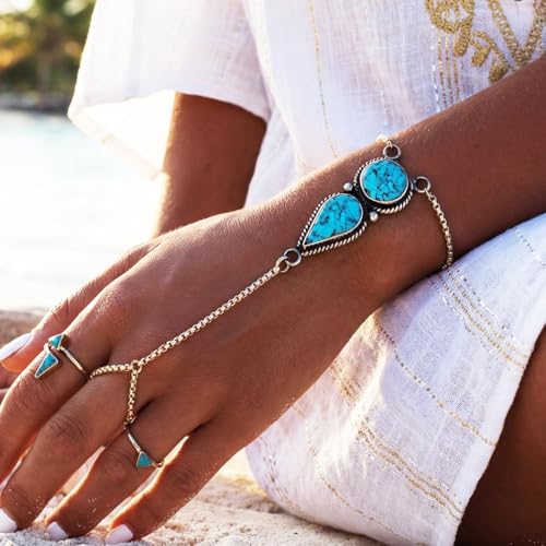 GORTIN Turquoise Hand Chain Bracelets Ring Link Chain Bracelet Set Boho Hand Chain Jewelry for Women Pack of 2