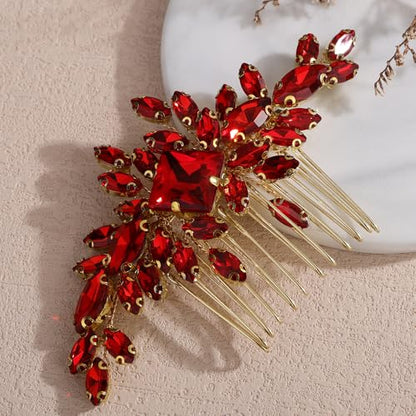 Square Rhinestone Hair Comb Silver Gold Rhinestone Wedding Headpiece Handmade Crystal Bridal Hair Comb Bridal Hairpiece for Brides Bridesmaid (red) - color: red