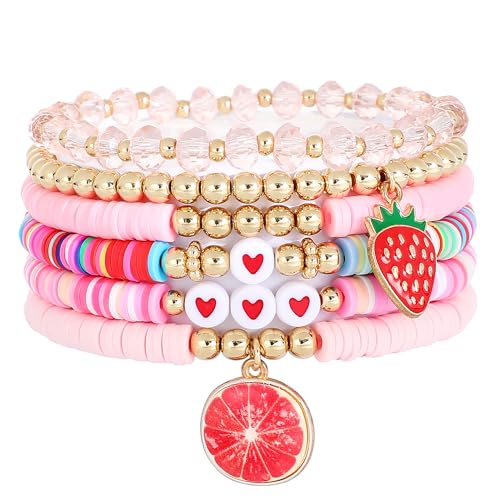 Summer Surfer Heishi Bracelet Set for Women Stackable Gold Plated Clay Ploymer Bead Stretch Pink Beach Layering Bracelets Jewelry - color: A-Pink Grapefruit Set