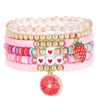 Summer Surfer Heishi Bracelet Set for Women Stackable Gold Plated Clay Ploymer Bead Stretch Pink Beach Layering Bracelets Jewelry - color: A-Pink Grapefruit Set