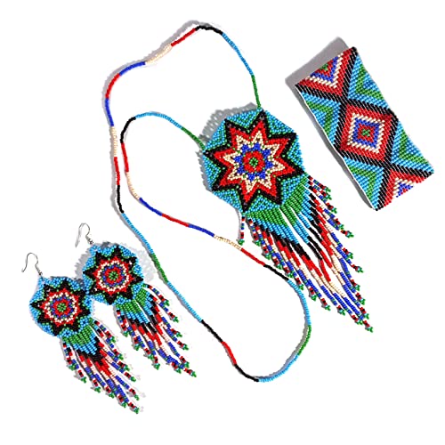 Weavish Medallion Beaded Necklace – Boho Native Handmade Seed Bead Tassel Necklace, Bohemian Large Statement Beaded Necklace for Women With Matching Elastic Bracelet