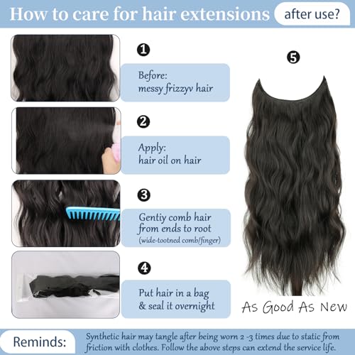 Dark Brown Halo Hair Extensions 20 Inch Synthetic Hair for Women | Wavy Texture with Invisible Wire and 4 Secure Clips for Easy Daily Styling Party Wear and Added Length - color: Dark Brown