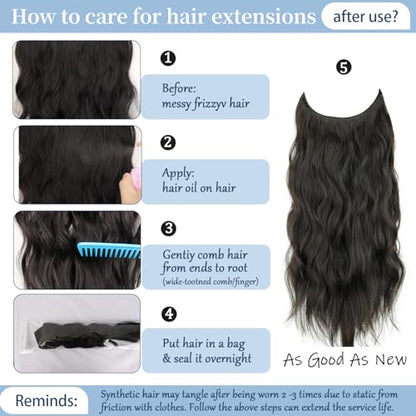 Dark Brown Halo Hair Extensions 20 Inch Synthetic Hair for Women | Wavy Texture with Invisible Wire and 4 Secure Clips for Easy Daily Styling Party Wear and Added Length - color: Dark Brown