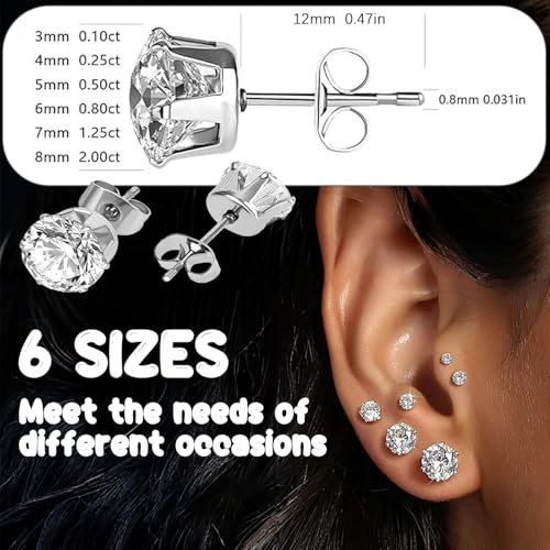 Stud Earrings Set, Round Clear Cubic Zirconia Ear Studs for Women and Men Sensitive Ears Stainless Steel CZ Earrings Hypoallergenic Cubic Zirconia Earrings Set Small Piercing Earring, 6 Pairs - color: 6-claw