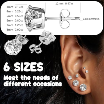 Stud Earrings Set, Round Clear Cubic Zirconia Ear Studs for Women and Men Sensitive Ears Stainless Steel CZ Earrings Hypoallergenic Cubic Zirconia Earrings Set Small Piercing Earring, 6 Pairs - color: 6-claw
