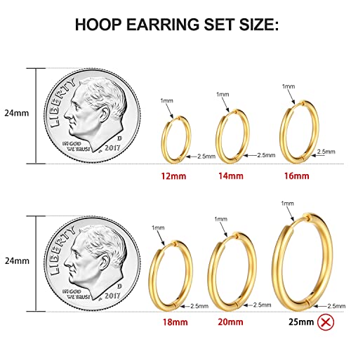 Silver Gold Hoop Earrings for Women Men, 316L Surgical Stainless Steel Huggie Hoop Earrings Set Hypoallergenic Small Cartilage Earrings Lightweight Hoop Earrings Huggie Set - color: 5 Pair Golden(12/14/16/18/20mm)