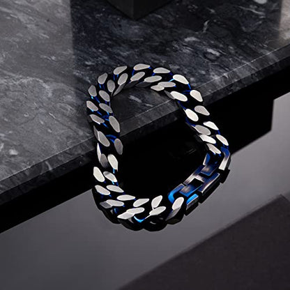 Mens Bracelet-Stainless Steel Fold Over Clasp Cuban Chain-Bracelets for Men - color: E-Blue