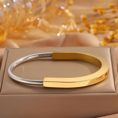 Two Tone Gold Bracelet for Women Lock Inspired Design, Stainless Steel Open Cuff Bangle, Minimalist Gift Jewelry