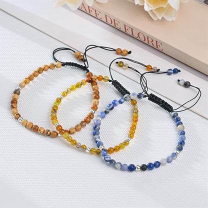 Natural Stone&925 Sterling Silver/18K Gold Anklet,│4MM│9-12 in│, Hand Woven, Adjustable Size - color: Brown Dragon Agate