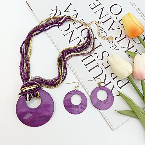 Coiris Multi Strand Statement Colorful Beaded Necklace with Big Circle Shell Pendant for Women - color: Purple