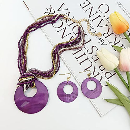 Coiris Multi Strand Statement Colorful Beaded Necklace with Big Circle Shell Pendant for Women - color: Purple
