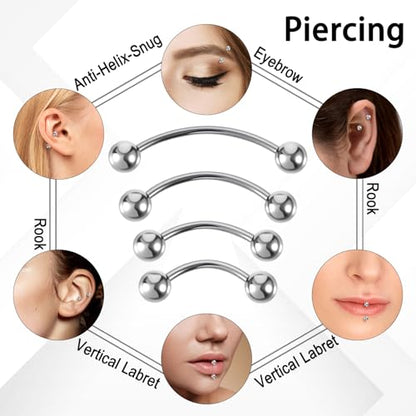 Yolev 8 Pcs 20G Curved Barbell Piercing Jewelry Stainless Steel Eyebrow Jewelry 4 Sizes Vertical Labret Lip Jewelry Eyebrow Piercing Belly Button Ring Eyebrow Ring For Women (6mm 8mm 10mm 12mm)