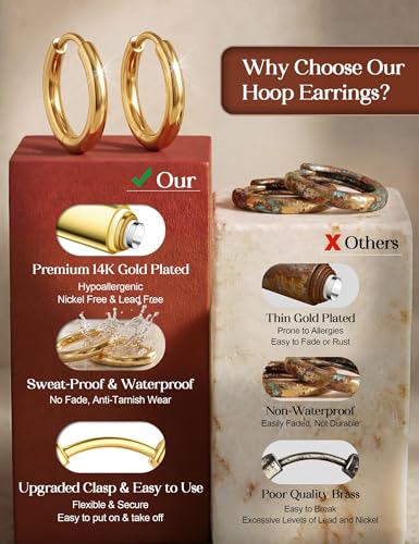 Tungary Small Gold Hoop Earrings for Women Huggie CZ Hoops Earring Stacks | Hypoallergenic Earing Hoops for Sensitive Ears, Earrings Stack Set for Cartilage, Secure Clasp, Silver/Black/14K Gold Plated - color: 14K Gold-Plain Huggies