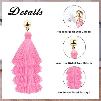 4Pairs Tassel Earrings For Women Fan Shape Tassel Earrings Long Thread Tassel Earrings Bohemian Fringe Drop Handmade Earrings - style: 4 Pink