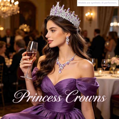 Kamirola Tiaras and Crowns for Women,Tiaras Earrings Necklace, Crystal Bridal Jewelry Set, Costume Jewelry for Women Party Halloween Prom Pageant - color: SILVER PURPLE
