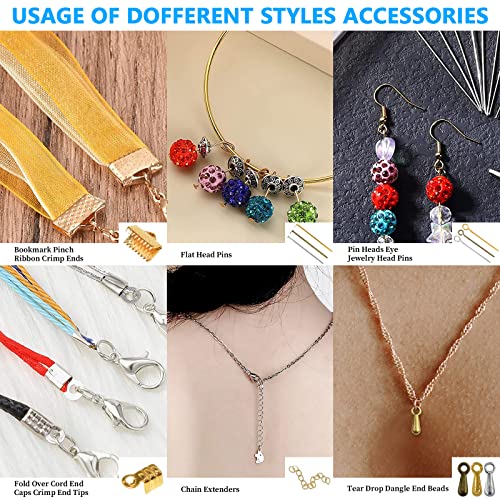 Jewelry Making DIY Kit Accessories, Jewelry Repair Tool Set with Ribbon Crimp Ends, Lobster Clasps, Head Pins, Eye Pins, Jump Rings, Extender Chain, Teardrop Dangle End Beads, Cord Crimp End Tips