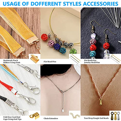 Jewelry Making DIY Kit Accessories, Jewelry Repair Tool Set with Ribbon Crimp Ends, Lobster Clasps, Head Pins, Eye Pins, Jump Rings, Extender Chain, Teardrop Dangle End Beads, Cord Crimp End Tips