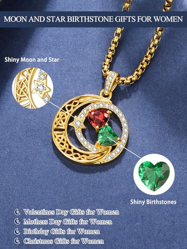 14K Gold Moon and Star Double Birthstone Necklace Gifts for Women | 2 Heart Birthstone Necklace,Mothers Day Wedding Anniversary Birthday Gifts for Wife Mom Daughter Grandma Sister - color: 01-05-Jan-May Birthstone