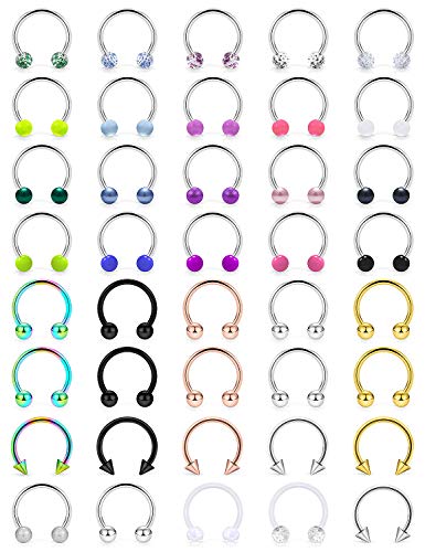 36-40Pcs 16G Surgical Steel Nose Septum Rings Piercing Jewelry Horseshoe Cartilage Helix Tragus Earring Hoop Eyebrow Lip Hoop Retainer for Women Men 8mm 10mm - color: 40pcs