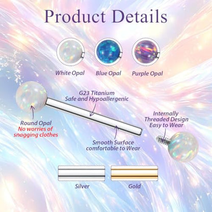 FUNLMO 1 Pair Nipple Piercing Jewelry Titanium Nipple Rings Internally Threaded Tongue Rings Bridge Piercing Jewelry Opal Nipple Barbells - color: Gold, White Opal Ball
