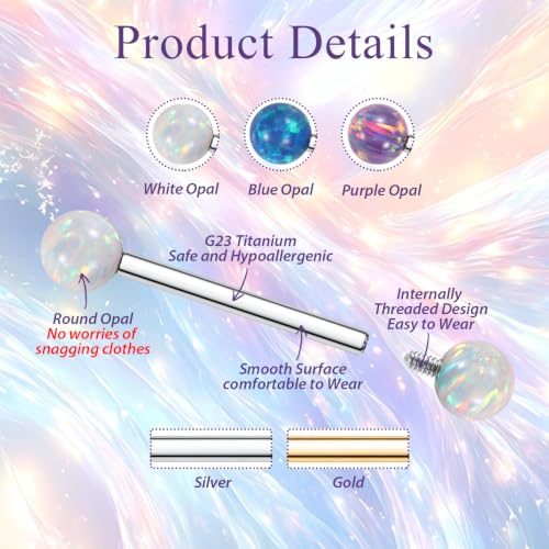 FUNLMO 1 Pair Nipple Piercing Jewelry Titanium Nipple Rings Internally Threaded Tongue Rings Bridge Piercing Jewelry Opal Nipple Barbells - color: Silver, Blue Opal Ball