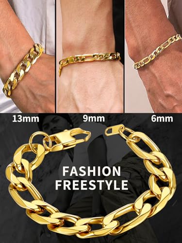 ChainsHouse Figaro Link Chain Bracelet for Men Stainless Steel Jewelry | Black/ Gold Bracelets Men, 6/9/13mm Figaro Cuabn Bracelets 7.5"/8.3", Chunky Hip Hop Wrist Hand Chain Bracelet for Gift - color: b: 13mm-gold