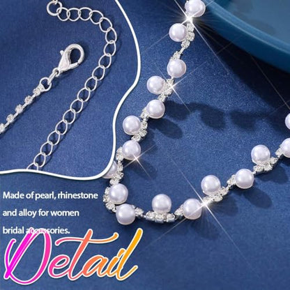 Aukmla Pearl Wedding Jewelry Sets Silver Rhinetsone Choker Necklace and Earring Bracelet Set Prom Jewelry for Brides and Women - color: Silver