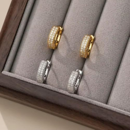 Iced Out Huggie Hoop Earrings for Men and Women, CZ Diamond Earrings, Stainless Steel Hypoallergenic Hinged Hoop Earrings - color: Silver