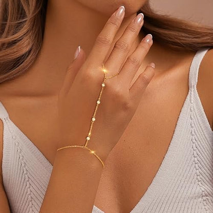 Eaciy 3PCS Gold Hand Chain Bracelets for Women, 18K Gold Plated Dainty Stackable Hand Chain Bracelet Ring Gold Bracelets for Women Trendy Gold Jewelry Set - color: 01-Gold-Pearl-Hand Chain