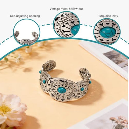 Western Bracelet for Women, Silver-Tone Concho Boho Bracelet Turquoise Cuff Adjustable Western Bangle for Rodeo Country Outfit Gifts