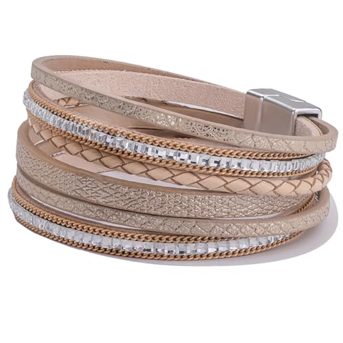 Boho Layered Leather Wrap Bracelets Chunky Western Country Hippie Jewelry | Stackable Bohemian Cowgirl Magnetic Clasp Cuff Bangle Set Fashion Stack Statement Festival Trendy Jewelry Gifts for Women - color: Gold