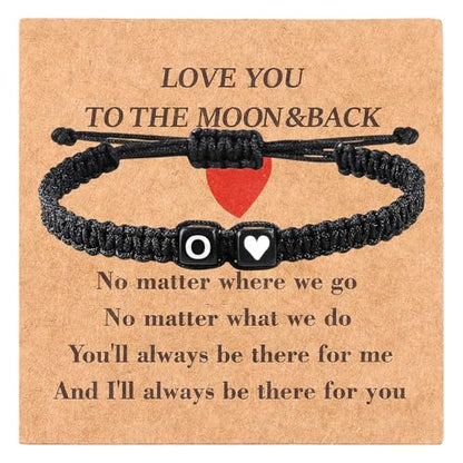 Valentines Day Gifts for Him Her Heart Love Letter Initial Matching Couple Bracelets for Women Men Teen Gifts Best Friend Graduation Birthday Gifts A-Z Braided Bracelet Son Daughter Dad Jewelry - color: Black-O
