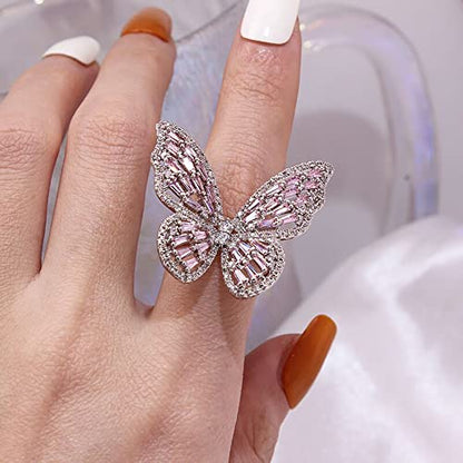 Butterfly Rings for Women Adjustable Golden Cocktail Ring Sparkly Stones Statement Silver Bow Open Wrap Bow Jewelry Bridesmaids Wedding Valentine’s Day Gift Lover Mother - color: JZ03-Silver Pink